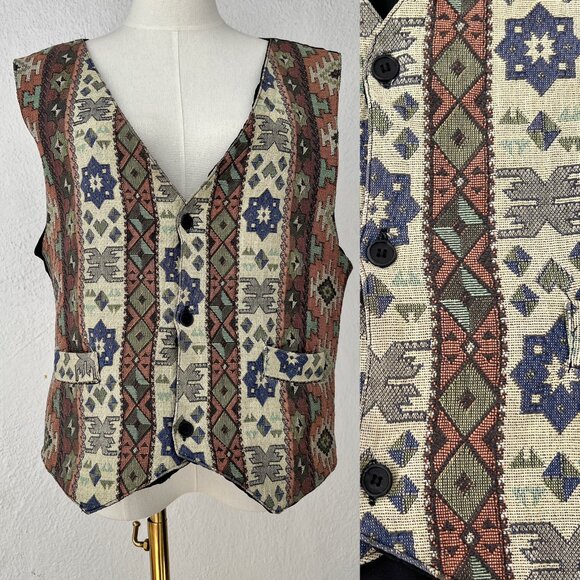 East & Vest Other - Vintage 90s Tapestry Waistcoat Vest Aztec Southwestern Tribal Pattern Men's XL